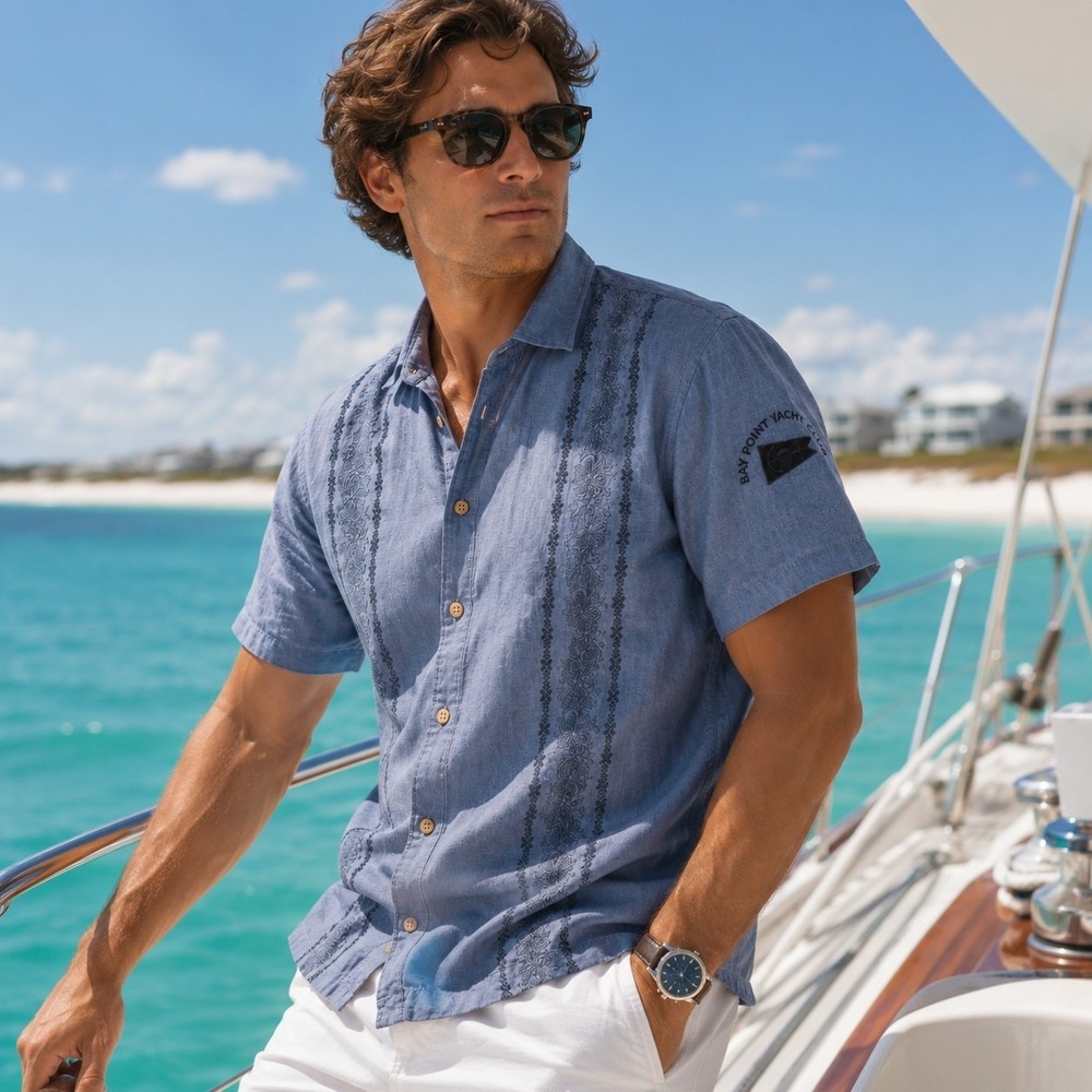 Caribbean XL Linen Embroidered Resort Shirt Gray Guayabera Coastal Yacht Club
